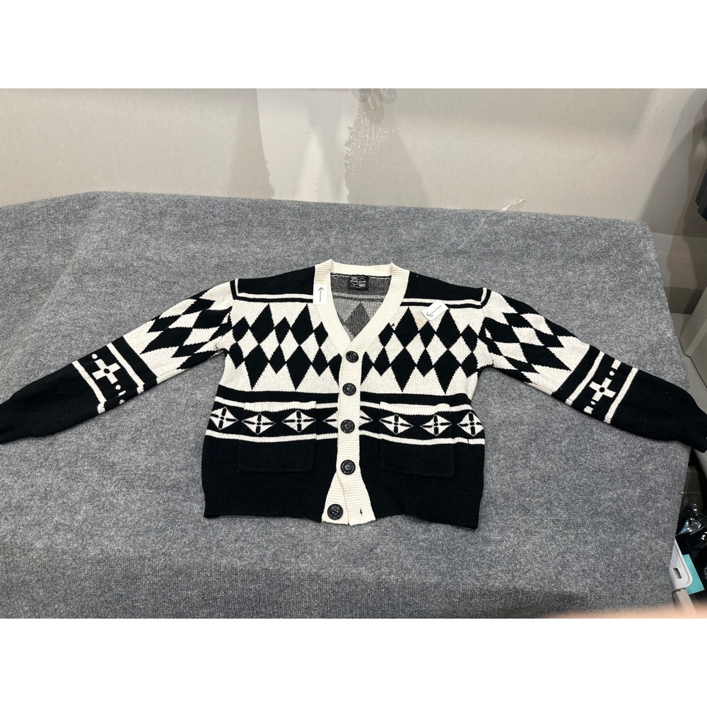 Steady Hands Black Cream Geometric Argyle Knit Cardigan Sweater XS Y2K Goth